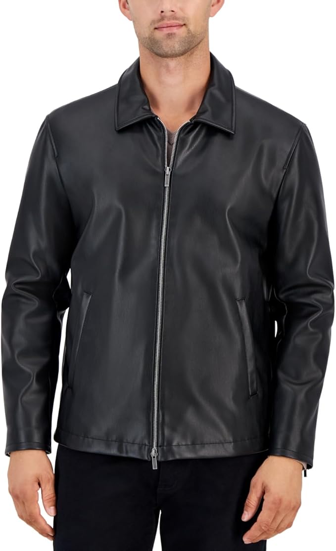 Alfani Mens Casual Coat Faux Leather Jacket XL Black Solid